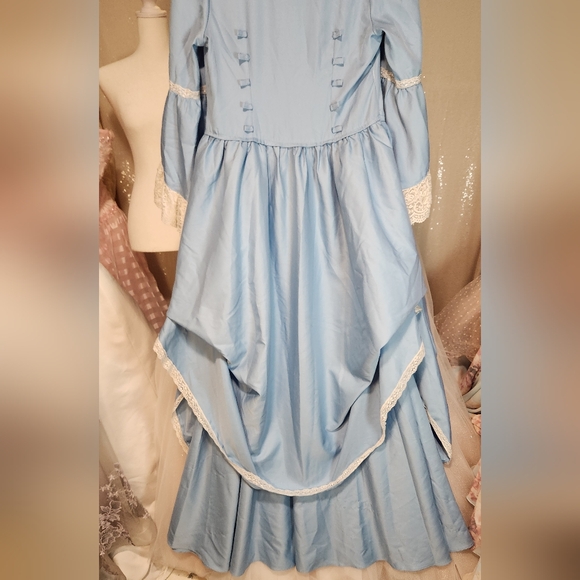 Unbranded Size S Blue Bridgerton Vibes Renaissance Bell Sleeves Gown Lace Trim - Picture 11 of 11